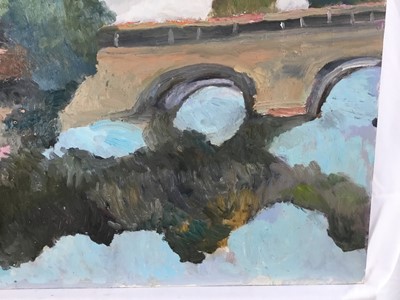 Lot 93 - *John Hanbury Pawle (1915-2010) oil on board- Viaduct river scene, 52cm x 58.5cm, unframed
