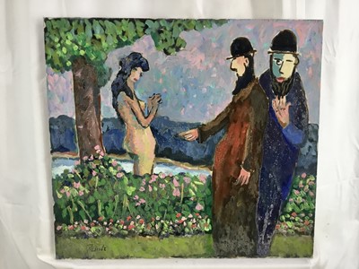 Lot 79 - *John Hanbury Pawle (1915-2010) oil on board- ‘Susanna and The Elders’, signed, 51cm x 56cm
