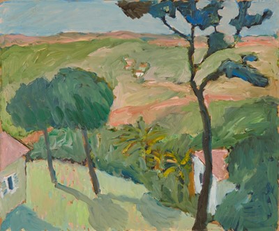 Lot 1198 - *John Hanbury Pawle (1915-2010) oil on board- Landcape with trees and buildings, unsigned, 51cm x 61cm