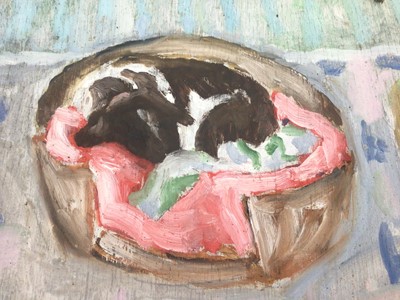 Lot 1055 - *John Hanbury Pawle (1915-2010) oil on board- Luca in his Basket, signed and dated 91, 46cm x 51cm
