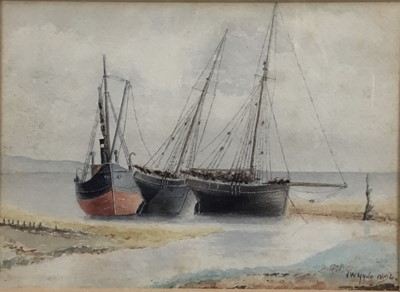 Lot 292 - J.W. Hyde, Victorian, watercolour study of moored boats, signed and dated 1894, together with another coastal study dated 1896 (2)