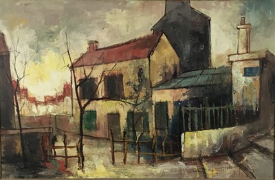 Lot 277 - Continental School, oil on canvas scene of a building with interesting labels to reverse