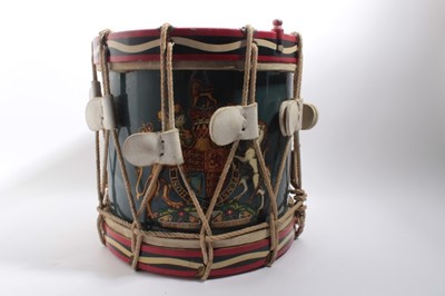 Lot 849 - 1940's British Military Processional Drum, stamped A.F. Matthews & Co. Makers London 1941, with later painted Elizabeth II Royal arms, 37cm in overall height