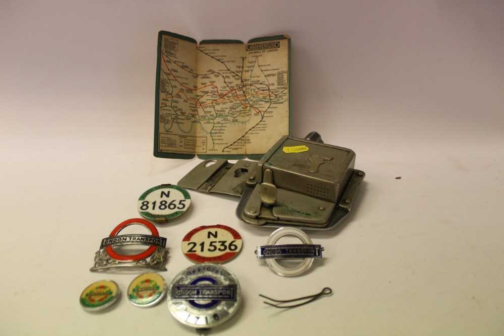 Lot 2582 - 1930's Silver and enamel London Transport badge (Birmingham 1933) and other transport badges and a map of London's Underground Railways