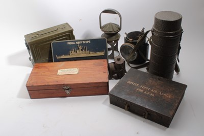 Lot 858 - Collection of assorted militaria to include gask mask holder, ammunition box, first aid kit box, and other militaria (1 box)