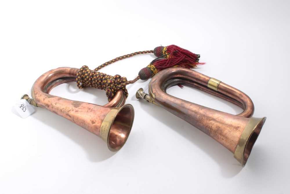 Lot 863 - First World War brass and copper bugle, stamped 1st IG by Henry Potter & Co, dated 1911, with inscription 'Bugle carried with 1st Battalion Irish Guards on service Aug. - Dec. 1914, together with a...