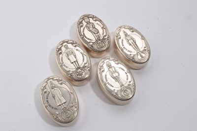 Lot 875 - Group of five white metal pill boxes and covers, the tops with embossed decoration of The Life Guards, The Blues and Royals, The Irish Guards, The Welsh Guards and The Coldstream Guards, the bases...