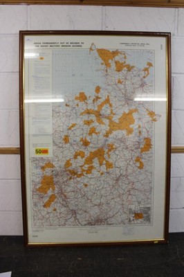 Lot 877 - Two large framed Cold War era maps of Germany captioned 'Areas permanently out of bounds to the Soviet Military mission, effective date 10th June 86, approximately 135 x 93.5cm, together with two f...