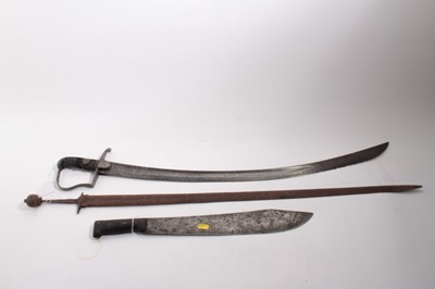 Lot 1008 - George III 1796 Pattern light cavalry troopers sword, Scottish Claymore sword and a machete ( all in poor order) (3)