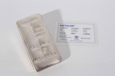 Lot 408 - Switzerland - Metalor Silver 999.0 Bullion Bar wt. 1 Kilo (1 Bullion Bar)