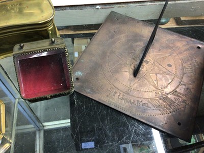 Lot 237 - Two old brass tinder boxes, sundial and pocket watch bedside magnifier
