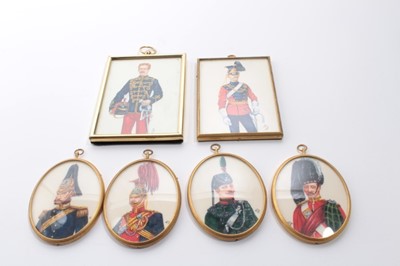 Lot 909 - Group of six Contemporary portrait miniatures by Terence Pratt S.L.m. of 19th Century Army Officers', mounted in brass frames (6)