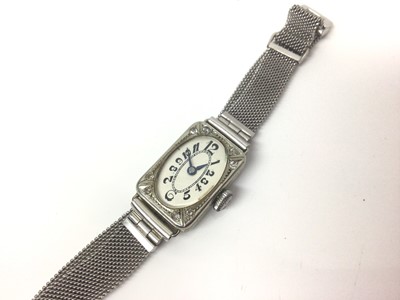 Lot 91 - 1920s ladies' 18ct white gold and diamond cocktail wristwatch with Swiss seventeen jewel Vertex movement in 18ct diamond set case, on a later good quality 9ct white gold bracelet