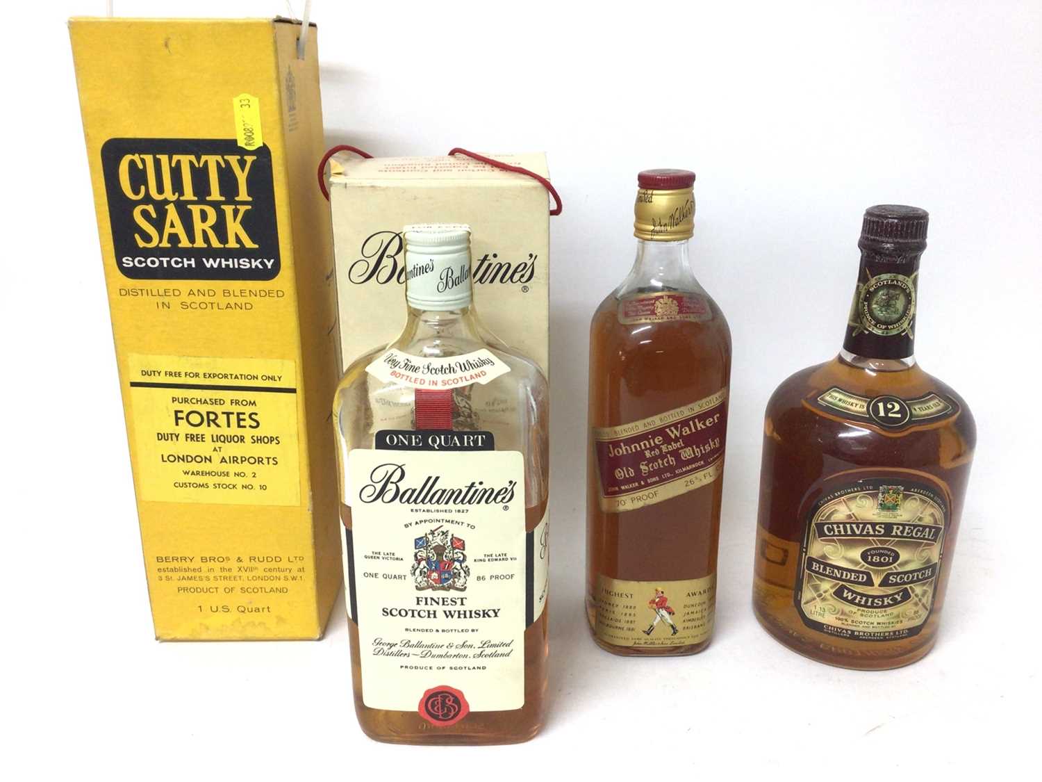 Lot 32 - Four mixed bottles of Scotch Whisky, including Ballantine's, Cutty Sark, Chivas Regal, and Johnnie Walker Red Label
