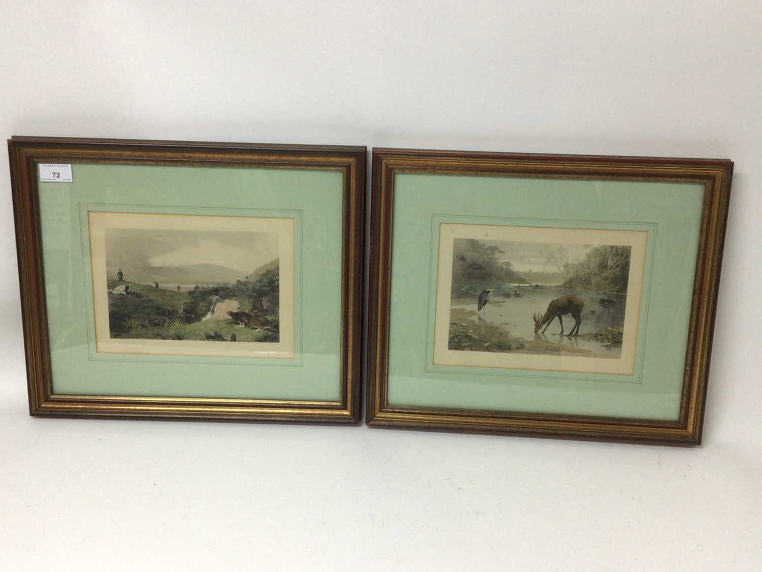 Lot 72 - Archibald Thorburn pair of coloured prints - Grouse and Deer with a Heron, 18cm x 25cm, in glazed gilt frames