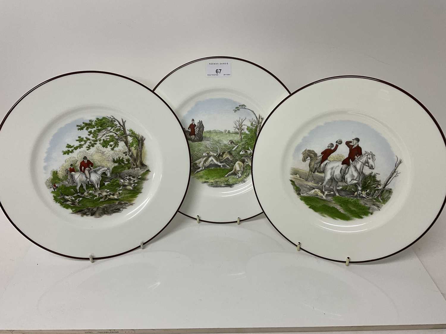 Lot 99 - Set of three Crown Staffordshire porcelain hunting decorated plates