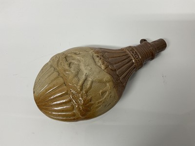 Lot 58 - 19th century salt glazed flask in the form of a powder flask decorate with hunting dogs