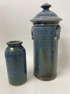 Lot 69 - Three salt glazed pieces of Deborah Baynes studio pottery including lidded storage jar, 29cm high, jug and a vase, 15.5cm high