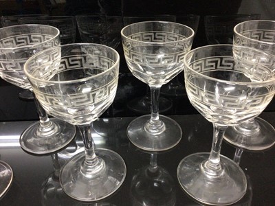 Lot 52 - Set of six Edwardian cut glass port/sherry glasses with cut and etched Greek key borders