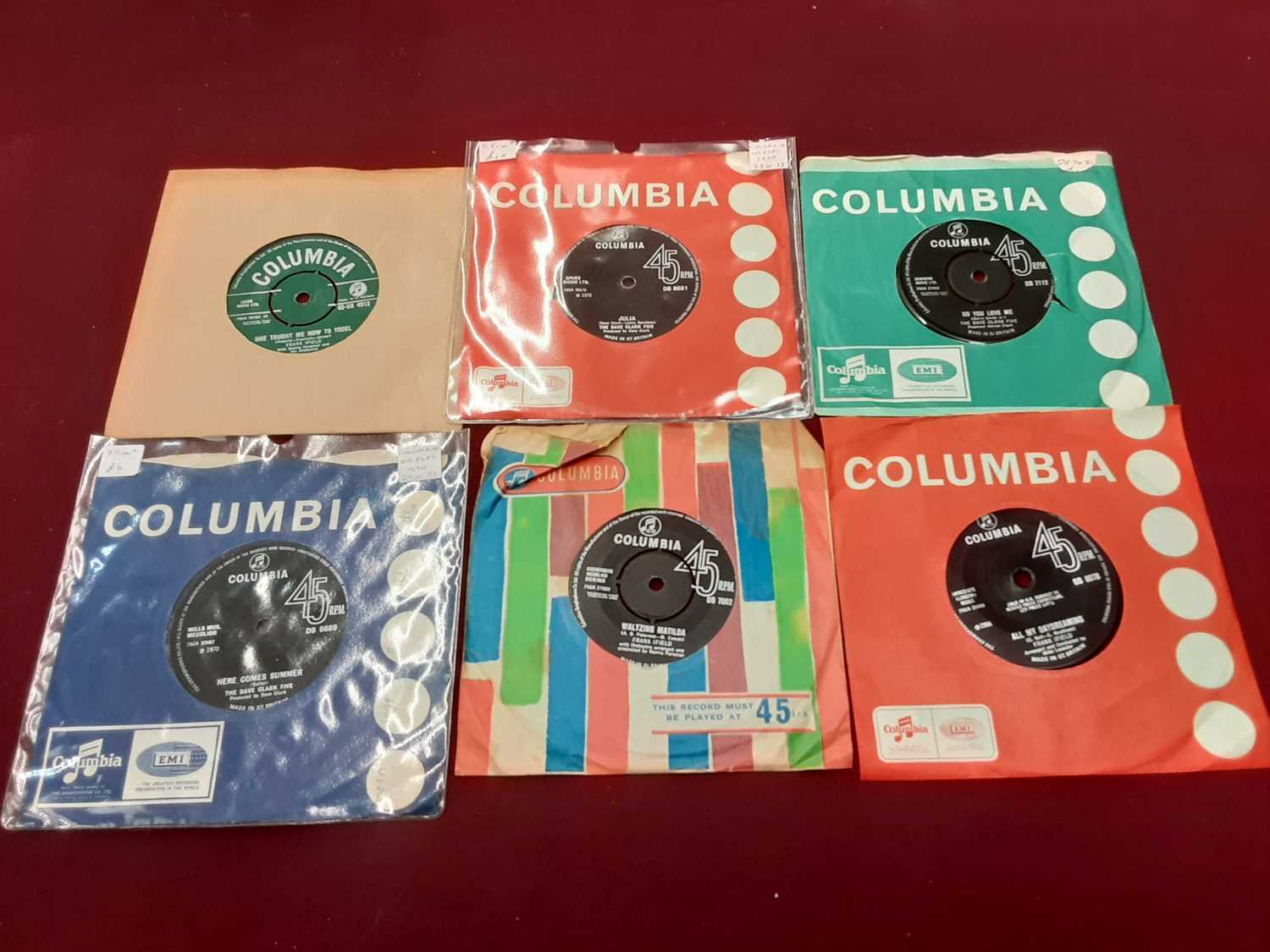 Lot 2219 - Box of single records on the Columbia label, including Dave Clark Five, Mike Cotton Jazzmen, Julie Covington, Heinz (DB 7559), Heinz and the Wildboys (DB 7482 - Meeksville Sound), Cliff Richard and...