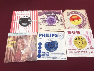 Lot 447 - Vintage case of single records including Elvis Presley 45-POP 359 (silver x 2), Eddie Cochran (Tri 45 HL U 8386), Billy Ward and the Dominoes (RE V 1114), Dion and the Belmonts, Danny and the Junio...