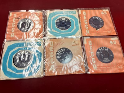 Lot 2234 - Box of single records on the Decca label including Billy Fury, Marianne Faithfull, Bob Cort, Mojo's, Tornados, Dave Berry, Johnny's Boys, Rolling Stones (sleeveless EP's), Blue Diamonds, Andrew Old...