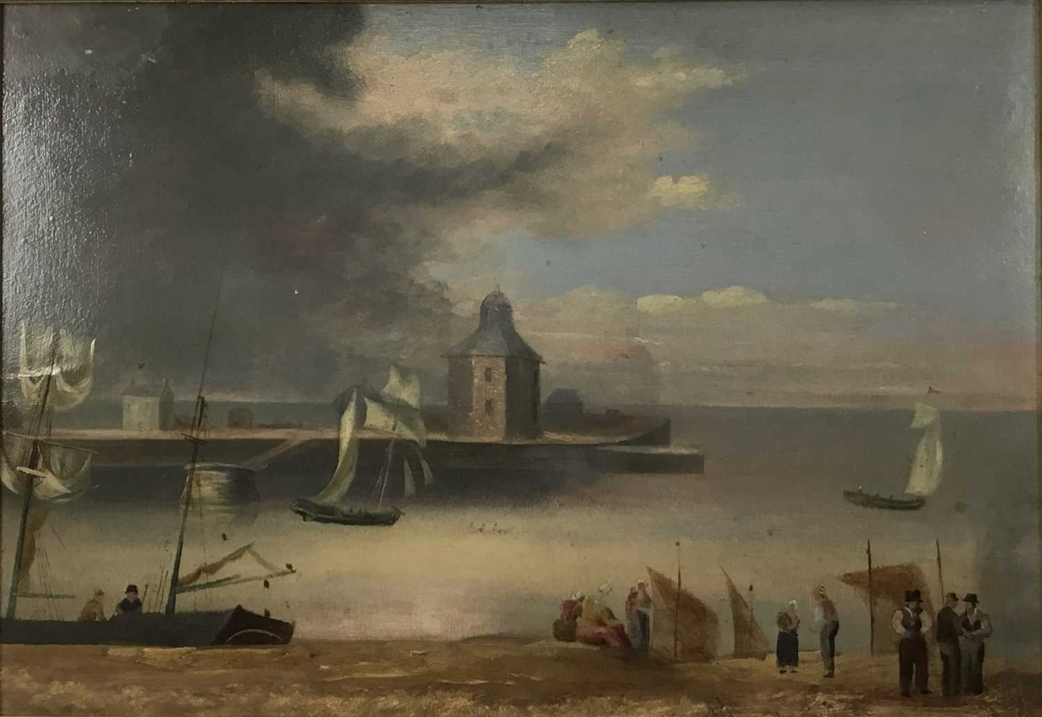 Lot 183 - 19th century oil on panel, figures in a harbour