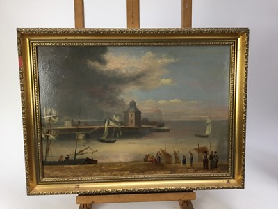 Lot 183 - 19th century oil on panel, figures in a harbour