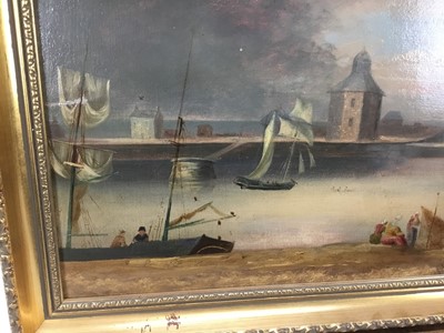 Lot 183 - 19th century oil on panel, figures in a harbour