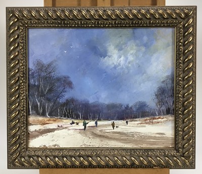Lot 142 - Donald Chatfield 1933 - 2007, oil on board,  
"The Shooting Party" a winter scene, inscribed 
verso, in gilt frame. 28 x 34cm.