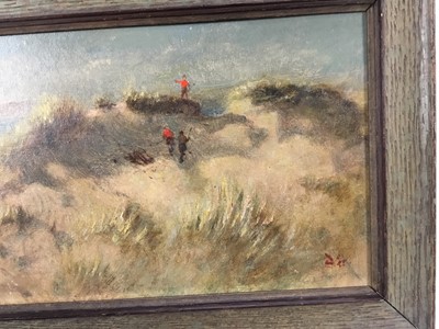 Lot 149 - Scottish School circa 1920, oil on canvas board, 
A golfing scene believed to be at Troon, signed with initials, in oak frame. 17 x 36cm.