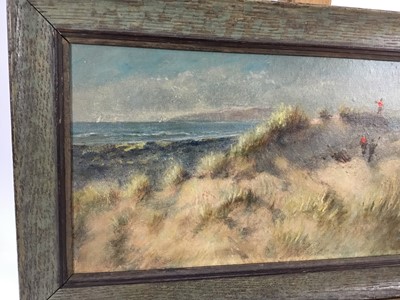 Lot 149 - Scottish School circa 1920, oil on canvas board, 
A golfing scene believed to be at Troon, signed with initials, in oak frame. 17 x 36cm.
