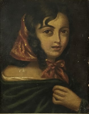 Lot 145 - English School circa 1850, oil on board, A pretty girl wearing a headscarf, in 
painted frame. 39 x 32cm.
