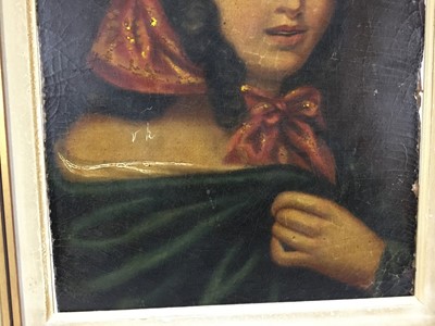 Lot 145 - English School circa 1850, oil on board, A pretty girl wearing a headscarf, in 
painted frame. 39 x 32cm.