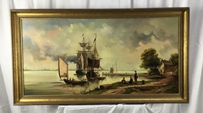 Lot 150 - Walter Sebastien born 1926, oil on canvas, 
An extensive coastal scene with fishing boats and fisher  
folk, signed, in gilt frame. 49 x 99cm.