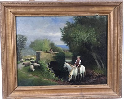 Lot 143 - J.J. Johnson, oil on canvas, 
A country scene with horses and sheep by a bridge over 
a stream, signed and dated 1909, in gilt 
frame. 31 x 41cm.