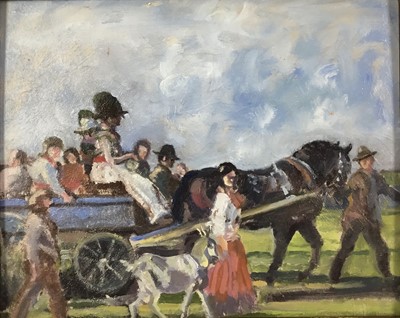 Lot 139 - Manner of A.J. Munnings, oil on board, A horse drawn gypsy wagon, in painted 
frame. 20 x 26cm.