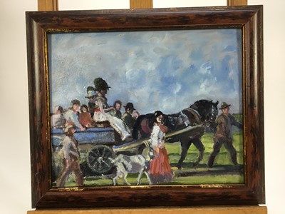 Lot 139 - Manner of A.J. Munnings, oil on board, A horse drawn gypsy wagon, in painted 
frame. 20 x 26cm.