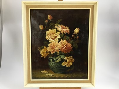 Lot 144 - A de Racourt, oil on canvas, 
A still life of flowers, signed and dated 1918, in gilt frame. 50 x 40cm.