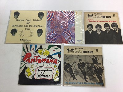 Lot 2320 - Beatles and related records including five rare Christmas Flexi discs from 1963, 1964, 1965, 1966 & 1968.  Also included are LPs, EPs and singles and The Beatles Anthology book