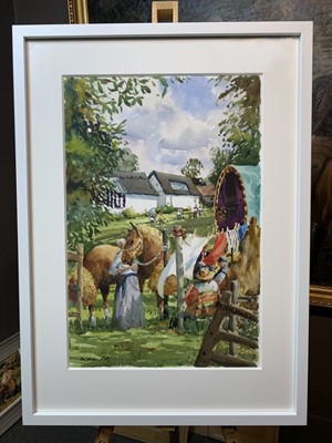Lot 9 - Andrew Pitt watercolour - The Romany Campsite at Sir Alfred Munnings' Studio, 74.5cm x 53cm framed