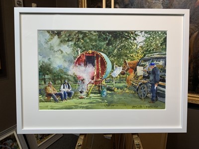 Lot 10 - Andrew Pitt watercolour - The Romany Camp, 44cm x 53cm framed
