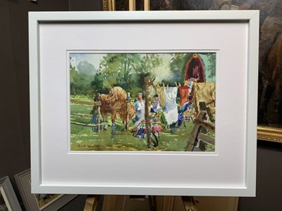Lot 11 - Andrew Pitt watercolour - Painting the Romany Tableau at Sir Alfred Munnings' House 53cm x 75cm framed