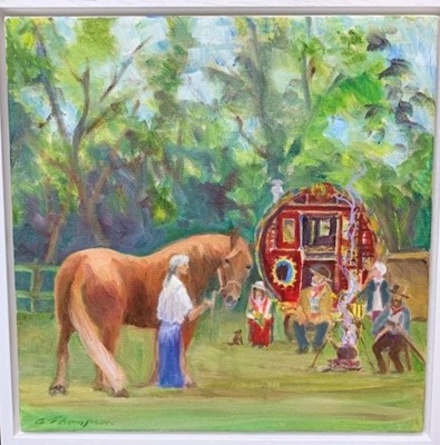 Lot 14 - Christine Thompson oil on canvas - Getting Ready Suffolk Punch, 33cm x 33cm framed
