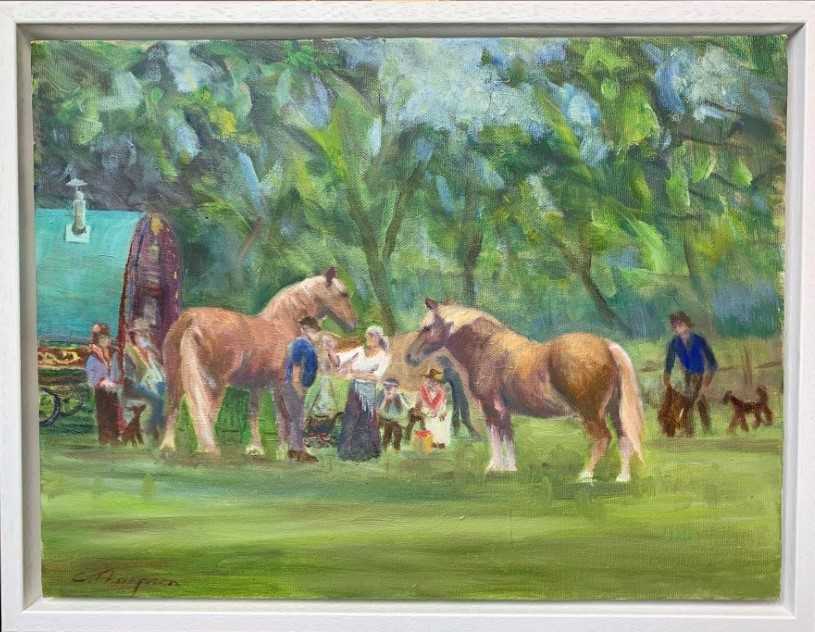 Lot 15 - Christine Thompson oil on canvas - Gypsy Gathering, 33cm x 33cm framed