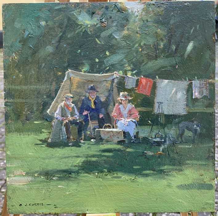 Lot 21 - David Curtis oil on board - Three Figures Group in Conversation, 26cm x 26cm unframed