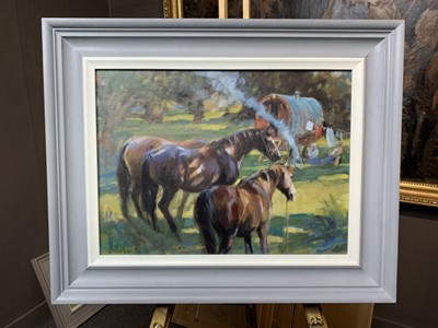 Lot 24 - Debbie Dunbar SEA oil sketch on panel - Camp Ponies, 30cm x 40cm framed