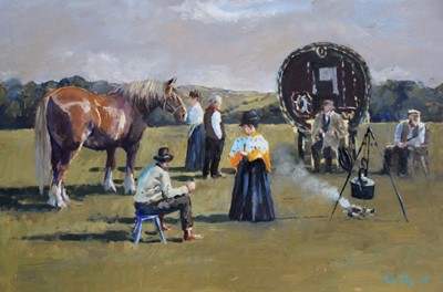 Lot 31 - John Fitzgerald oil on panel - Tea Time for the Hop Pickers, 59cm x 39cm framed