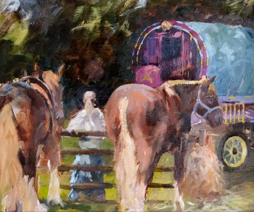 Lot 33 - John Killens oil - Hazel and Her Horses, 23.5cm x 28.5cm framed