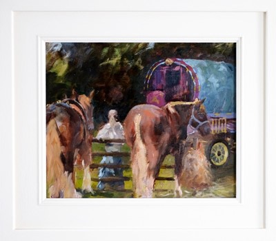 Lot 33 - John Killens oil - Hazel and Her Horses, 23.5cm x 28.5cm framed